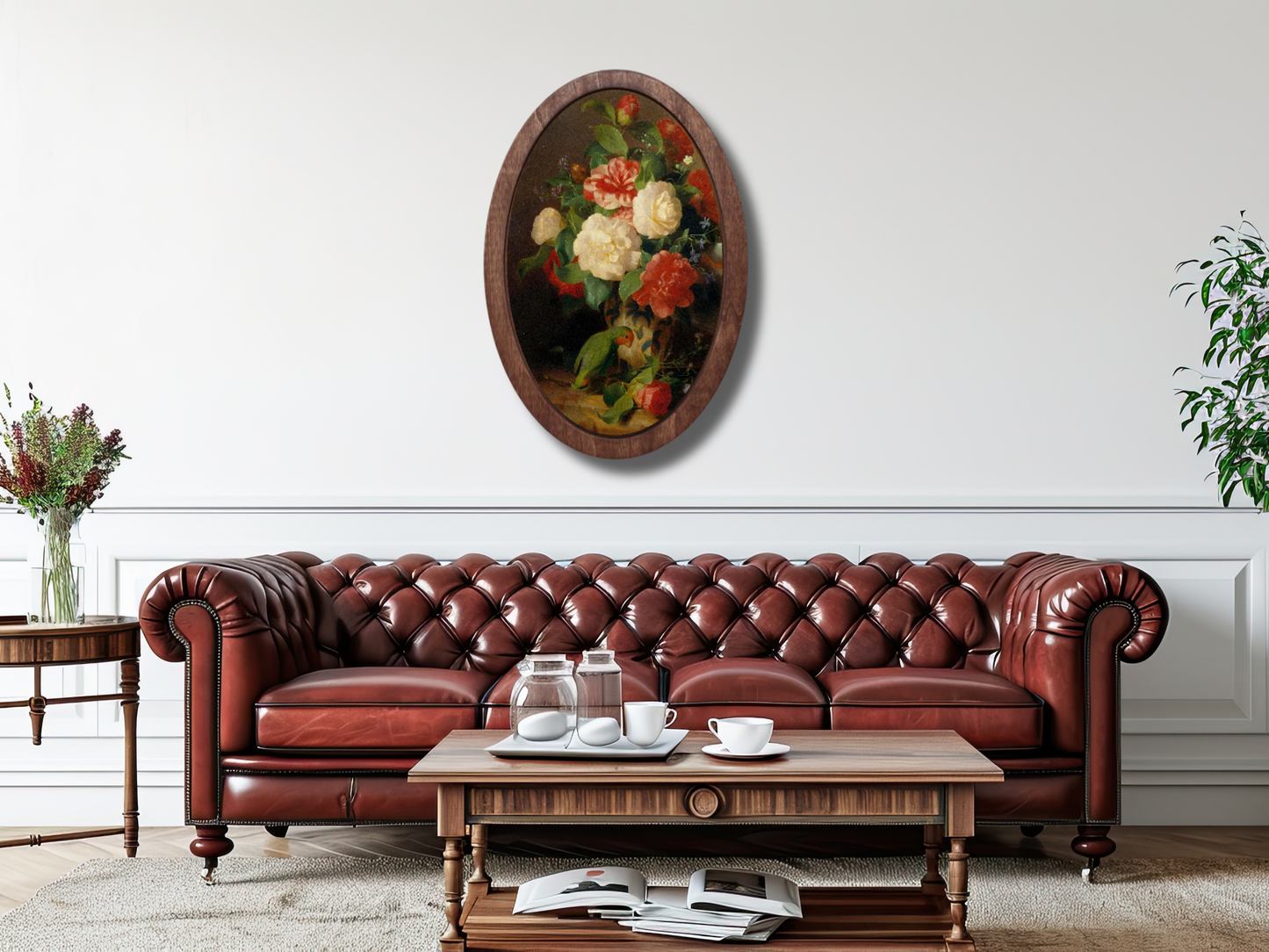 Vintage Çiçek Ahşap Tablo – Klasik Oval Duvar Dekoru - Dekoratif Duvar Tablosu