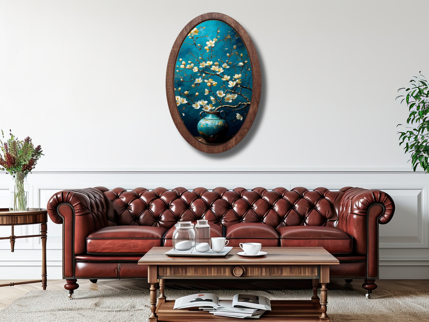 Beyaz Çiçekli Ahşap Tablo – Klasik Stil Oval Duvar Dekoru - Dekoratif Duvar Tablosu