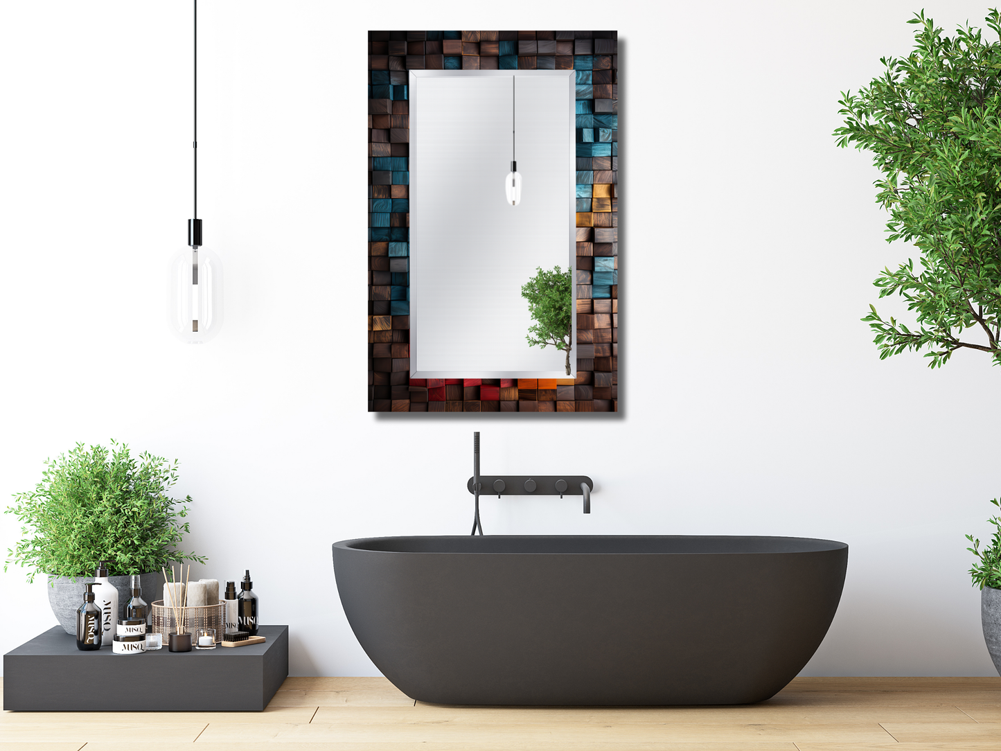 Renkli Desenli Ayna - Ahşap Görünümlü Tasarım Ayna - Banyo Aynası - Makyaj Masası Aynası - Antre&Hol Aynası