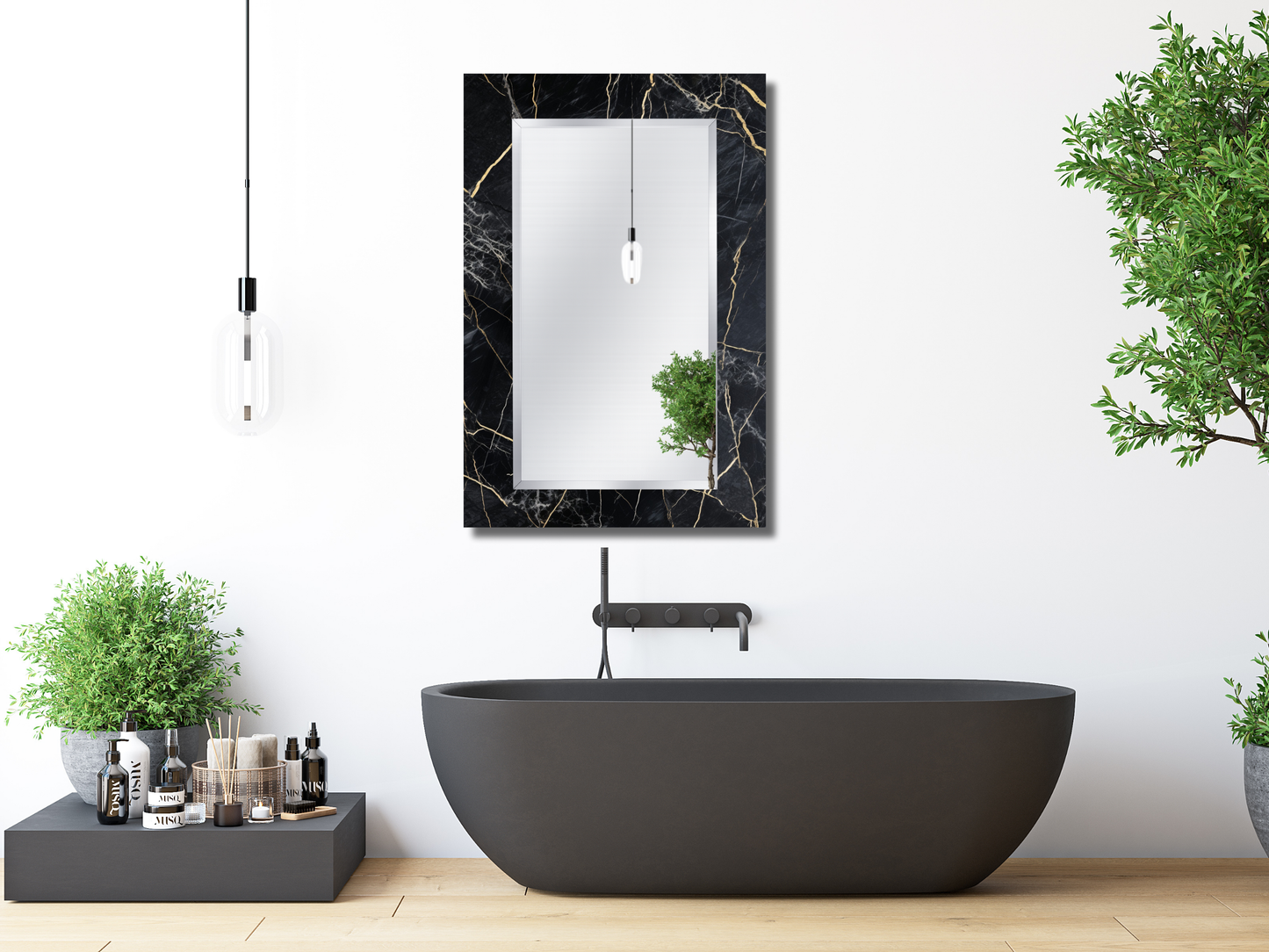 Siyah Mermer Desenli Ayna - Modern Tasarım Boy Aynası - Banyo Aynası - Makyaj Masası Aynası
