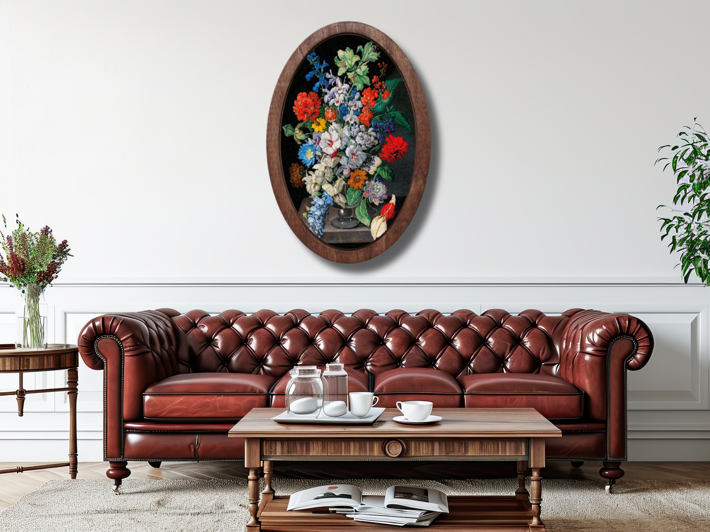Vintage Stil Çiçek Ahşap Tablo – Klasik Oval Duvar Dekoru - Bohem Dekoratif Duvar Tablo