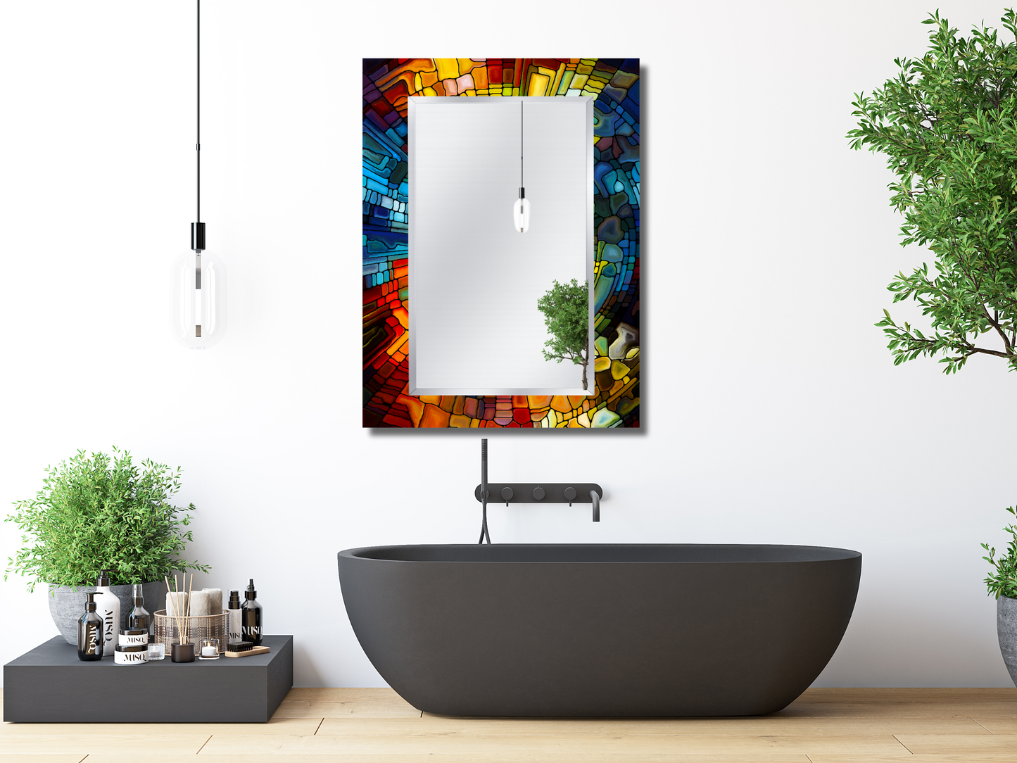 Vitray Desenli Ayna - Dekoratif Boy Aynası - Banyo Aynası - Modern Ev Dekorasyonu - Makyaj Masası Aynası