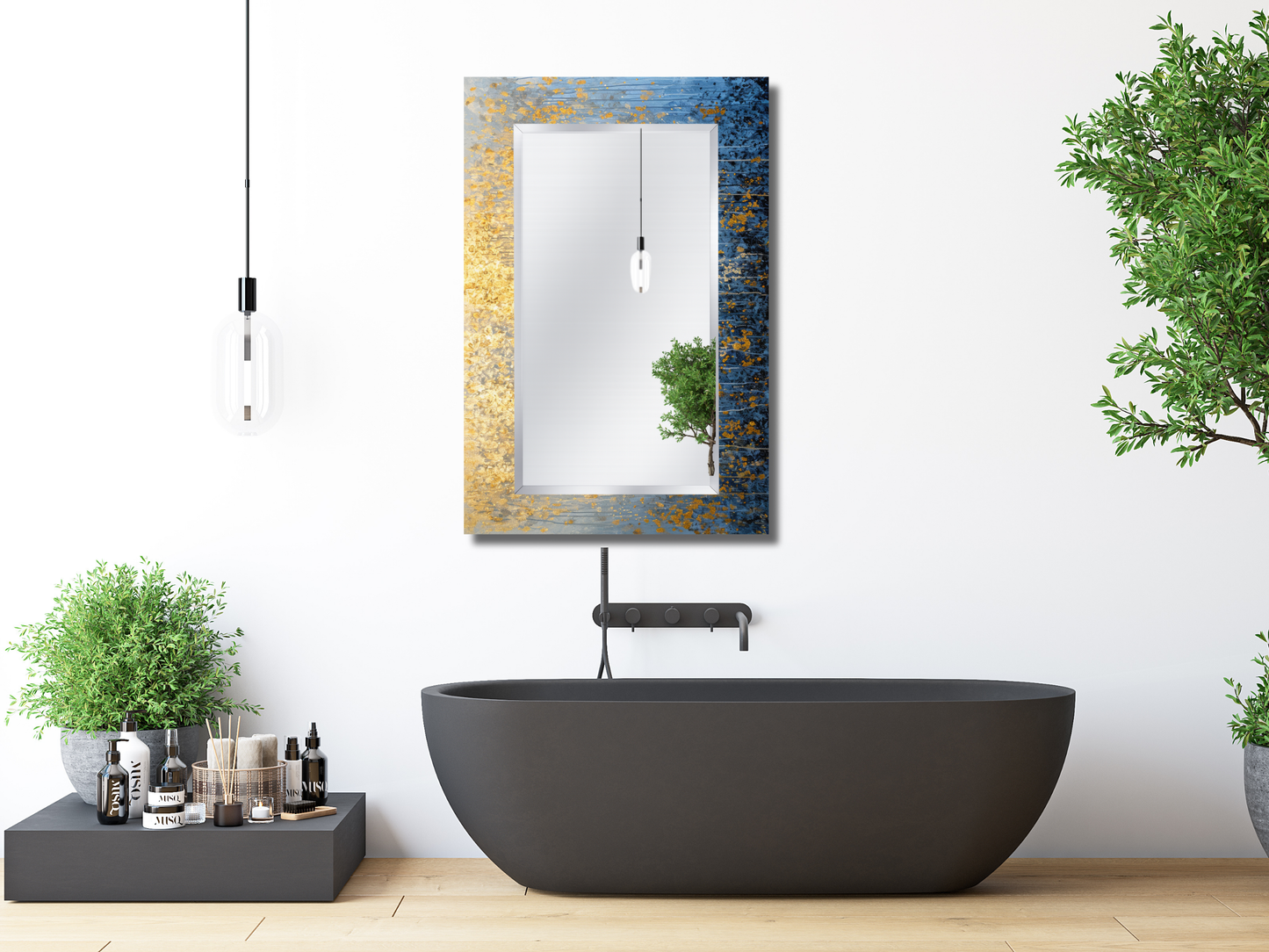 Gold Mavi Mermer Desenli Ayna - Modern Tasarım Ayna - Banyo Aynası - Minimalist Boy Aynası