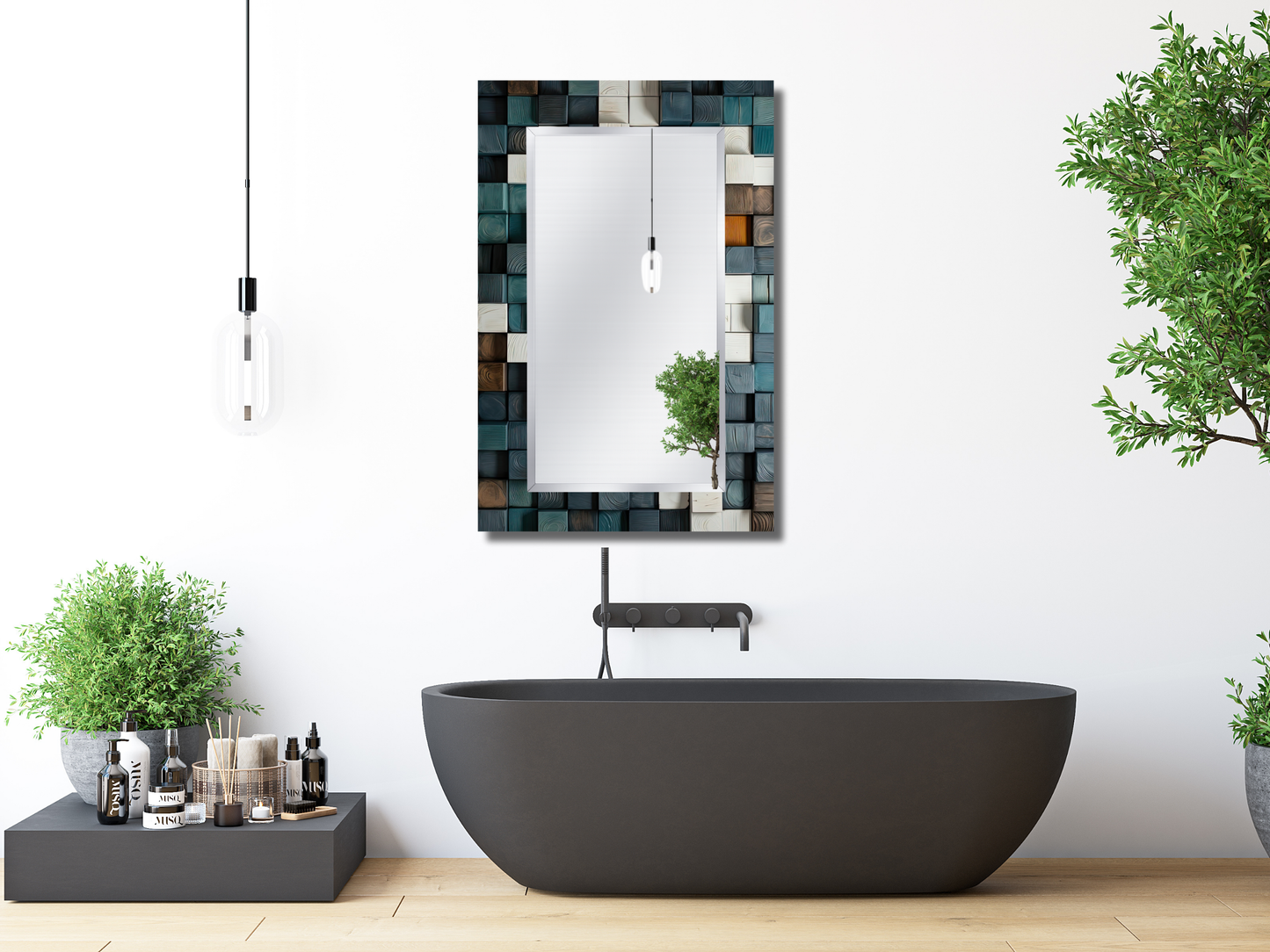 Desenli Ayna - Ahşap Görünümlü 3D Tasarım Ayna - Boy Aynası - Banyo Aynası