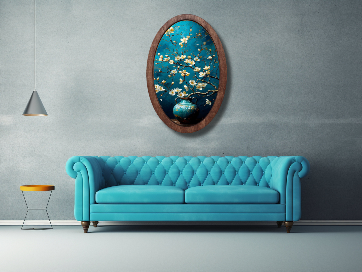 Beyaz Çiçekli Ahşap Tablo – Klasik Stil Oval Duvar Dekoru - Dekoratif Duvar Tablosu