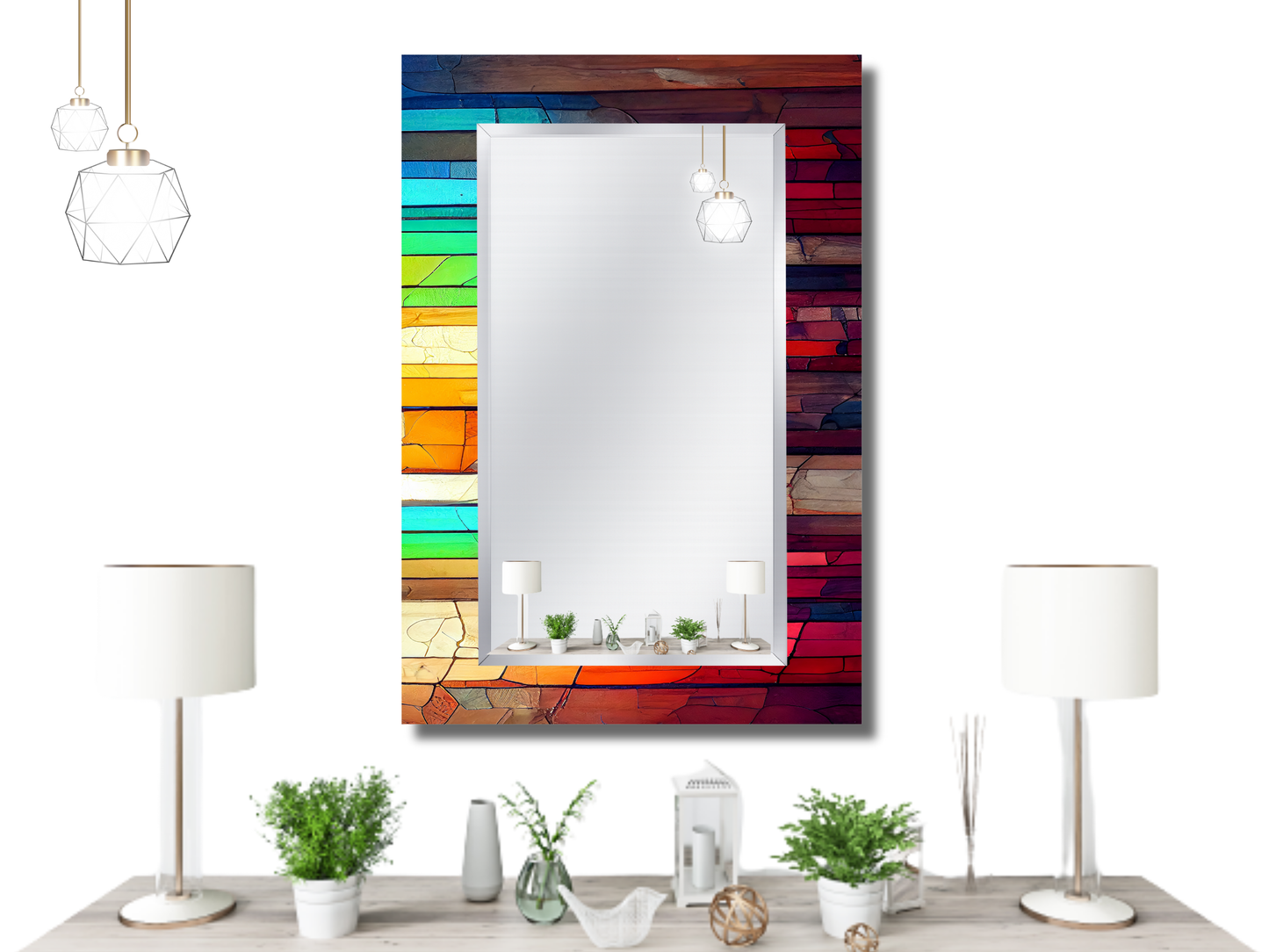 Renkli Vitray Desenli Ayna - Dekoratif Ayna - Boy Aynası - Banyo Aynası - Modern Ev Dekorasyonu