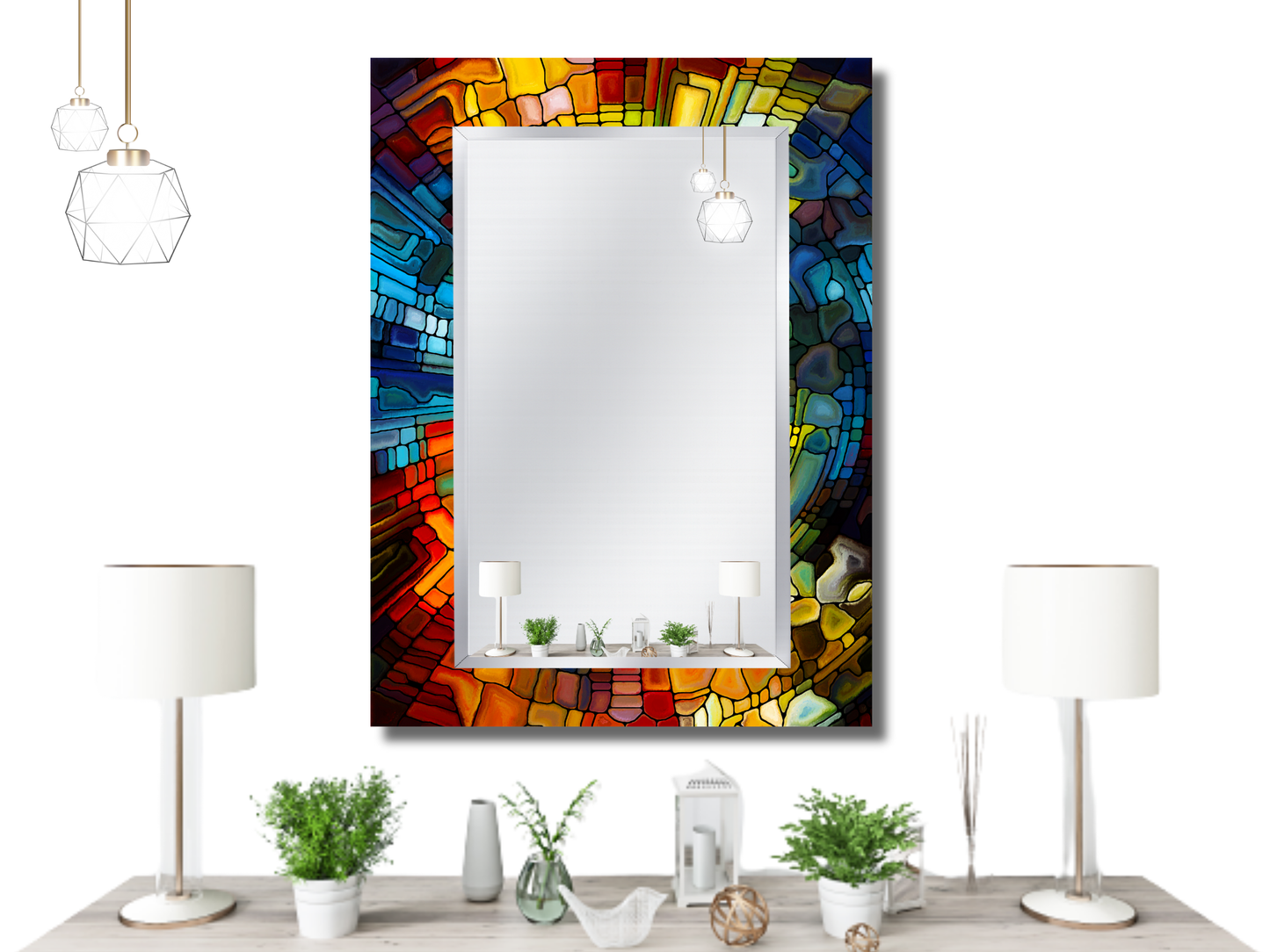 Vitray Desenli Ayna - Dekoratif Boy Aynası - Banyo Aynası - Modern Ev Dekorasyonu - Makyaj Masası Aynası