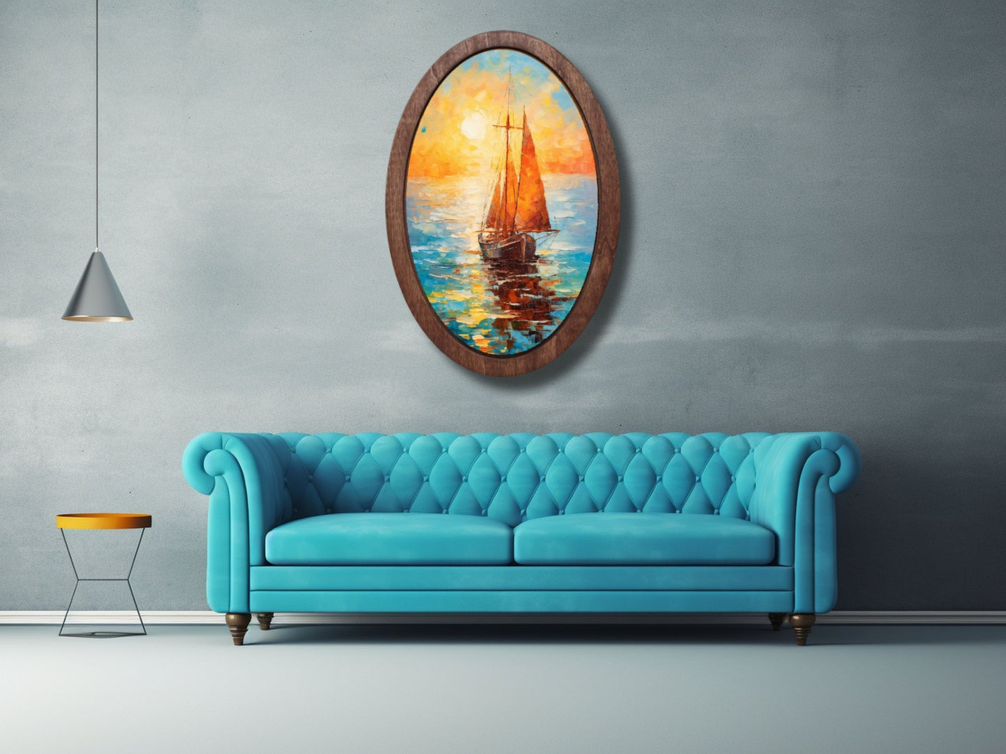 Gün Batımında Yelkenli Ahşap Tablo – Soyut & Deniz Temalı Modern Oval Duvar Dekoru