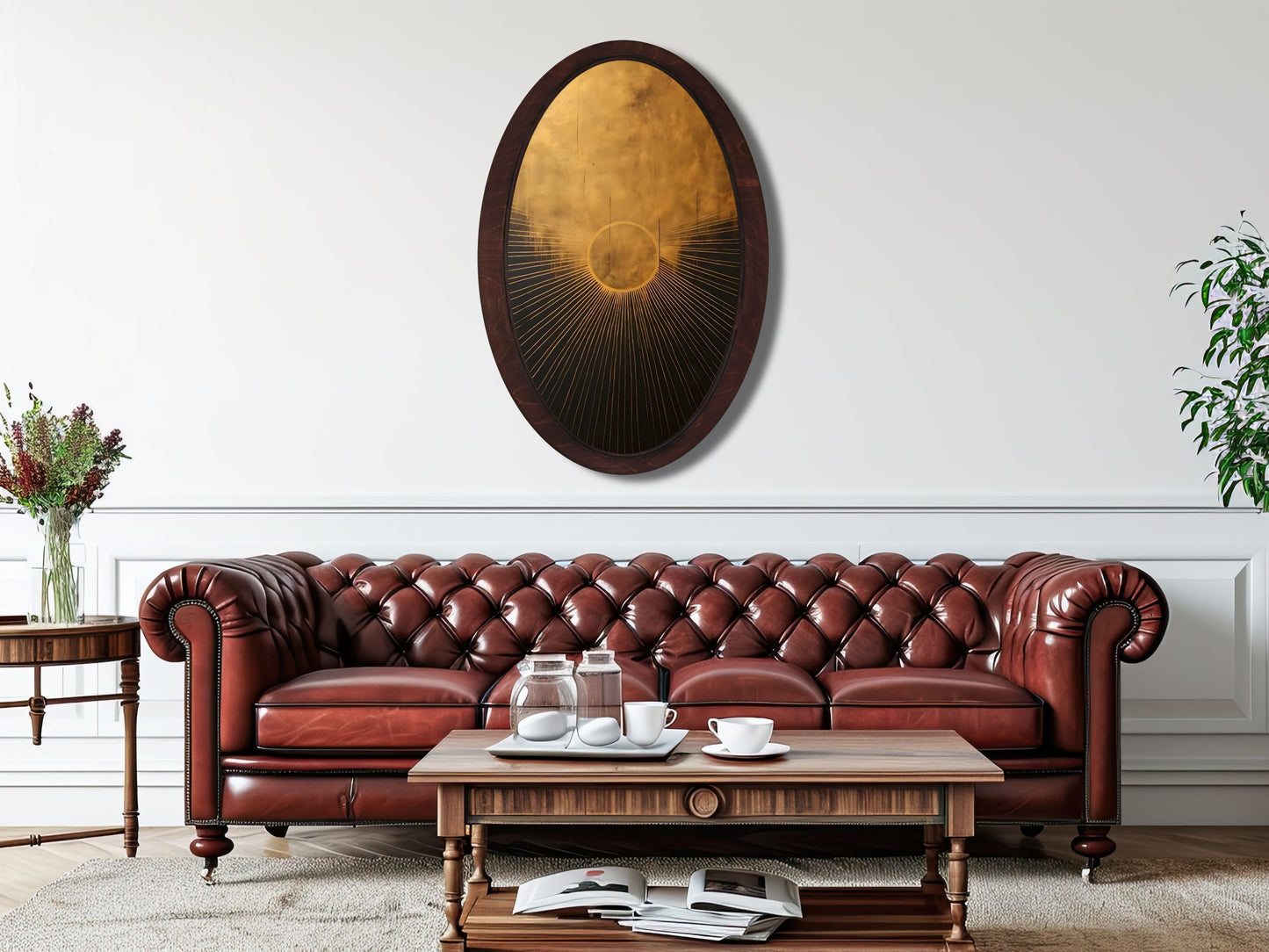 Altın Güneş Soyut Tasarım Oval Ahşap Tablo - Modern Spiritüel Duvar Dekoru