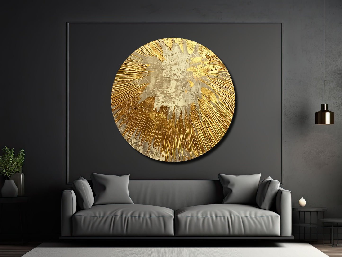 Gold Patlama Efektli Soyut Cam Tablo – Modern Yuvarlak Dekoratif Tasarım Tablo