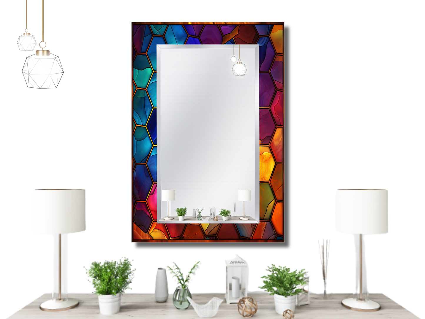 Vitray Desenli Ayna - Dekoratif Ayna - Boy Aynası - Makyaj Aynası - Modern Bizoteli Ayna