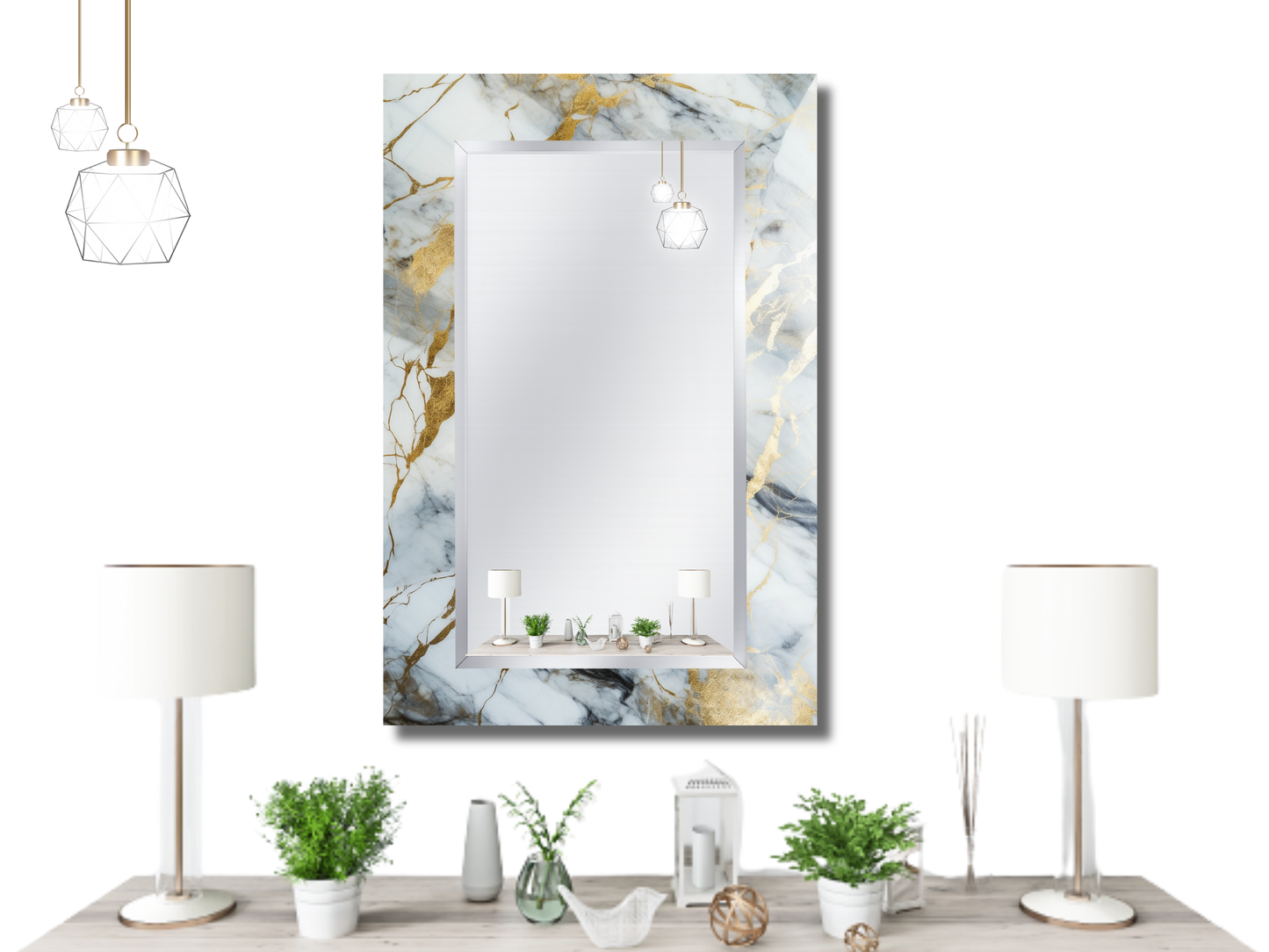 Dekoratif Mermer Desenli Ayna - Modern Tasarım Ayna - Banyo Aynası - Minimalist Boy Aynası