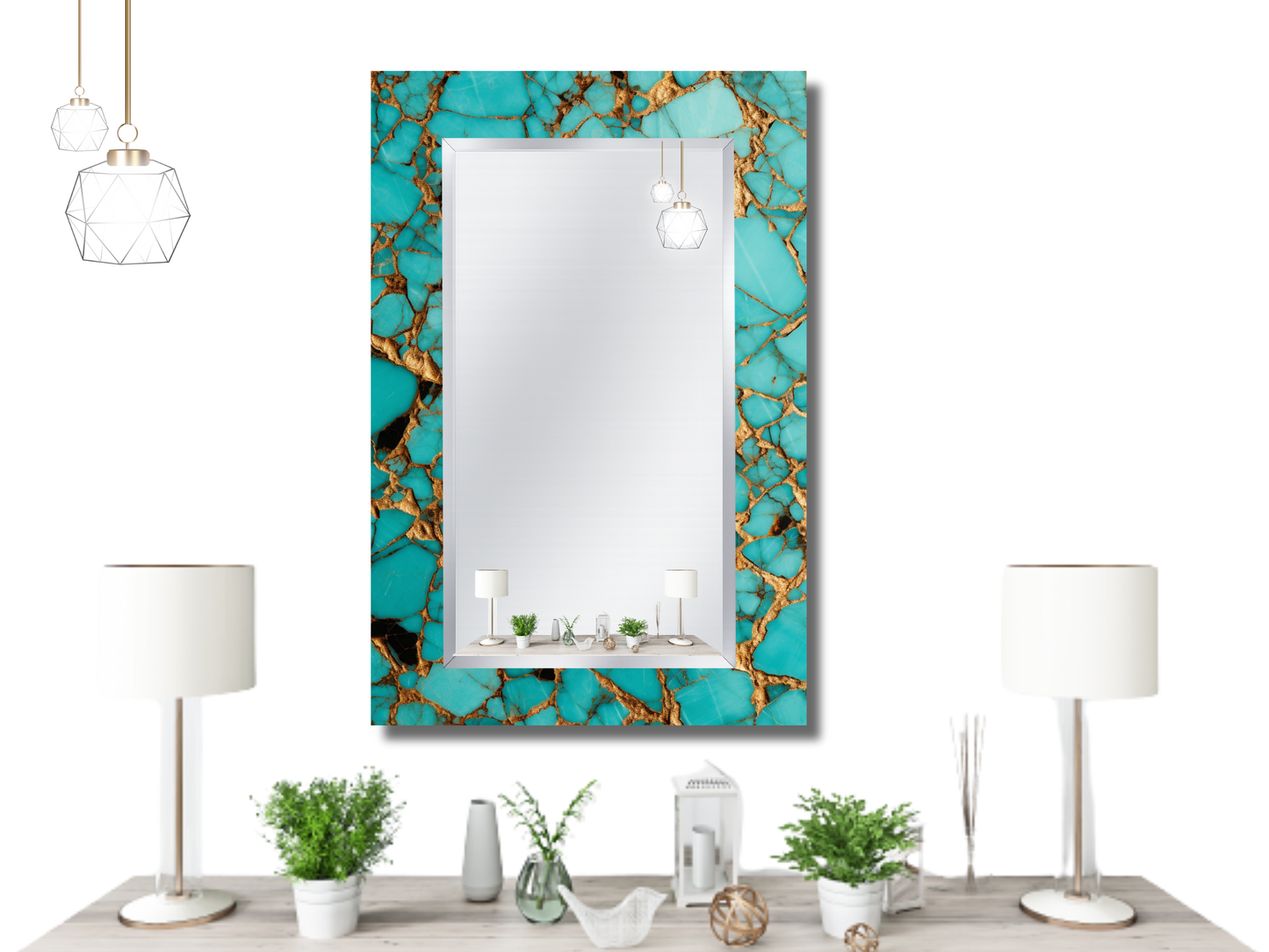 Dekoratif Turkuaz Mermer Desenli Ayna - Modern Tasarım Ayna - Banyo Aynası - Minimalist Boy Aynası