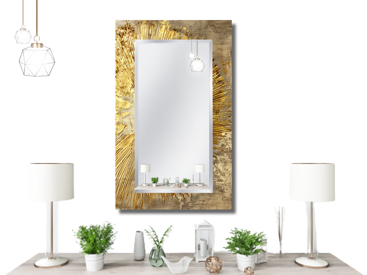 Gold Desenli Ayna - Modern Tasarım Ayna - Banyo Aynası - Makyaj Masası Aynası - Lüx Boy Aynası - Antre&Hol Aynası
