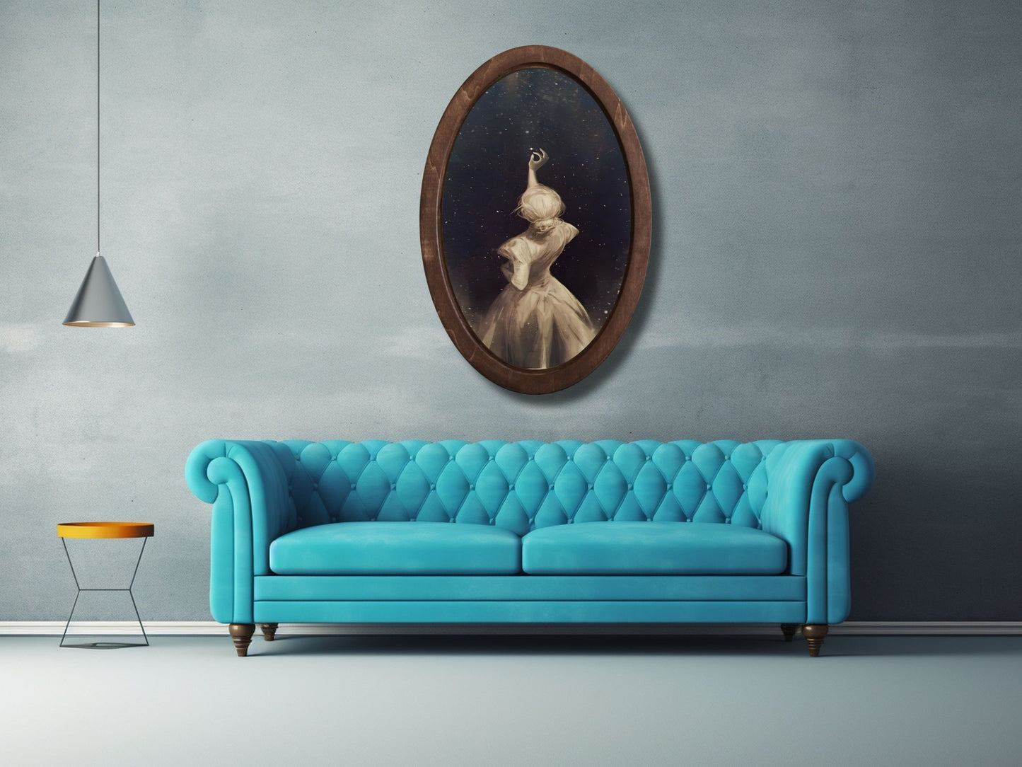 Yıldızlara Uzanan Kadın Figürlü Ahşap Tablo – Vintage Stil Oval Duvar Dekoru - Ev Ofis Dekoru