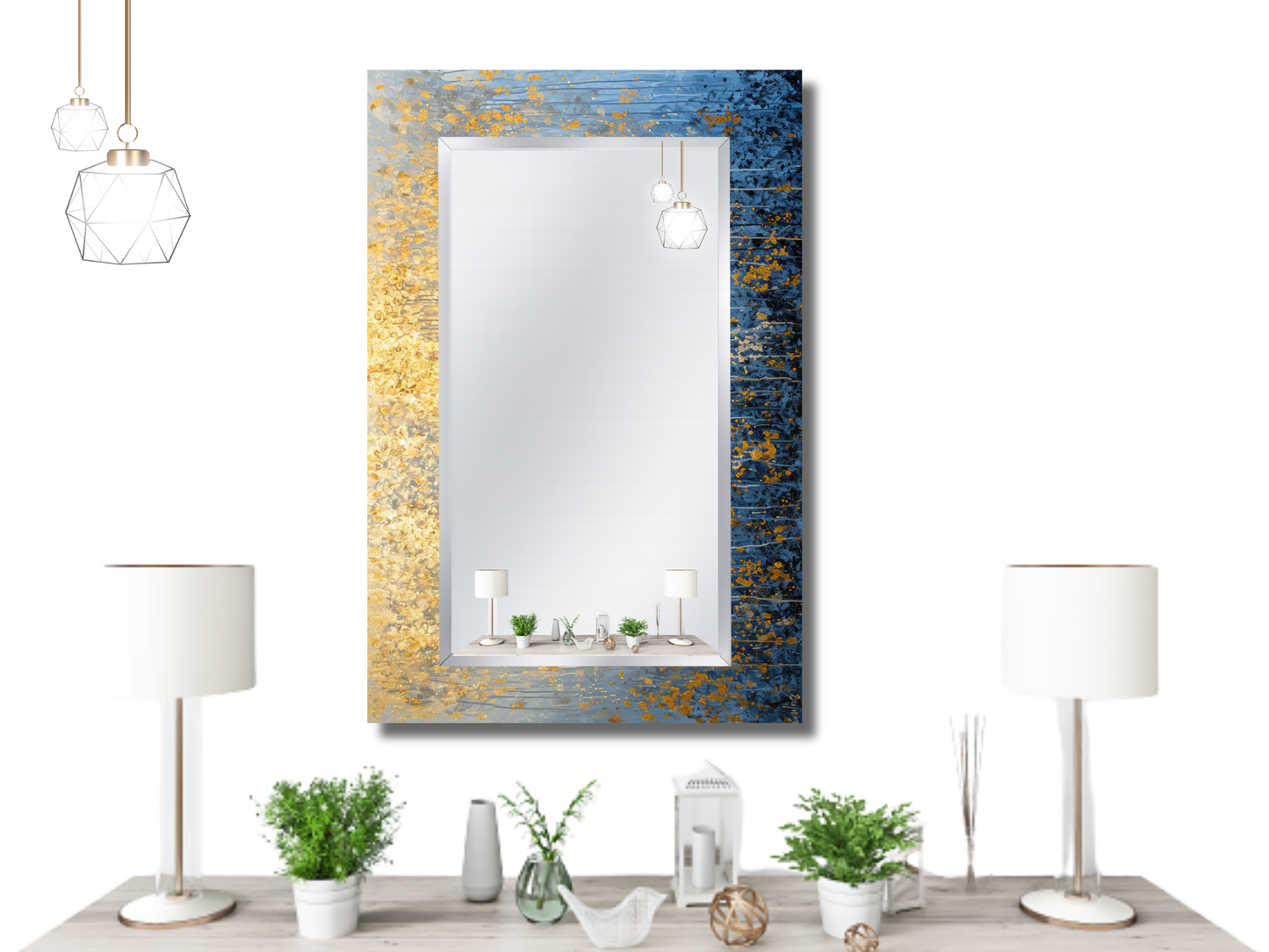 Gold Mavi Mermer Desenli Ayna - Modern Tasarım Ayna - Banyo Aynası - Minimalist Boy Aynası