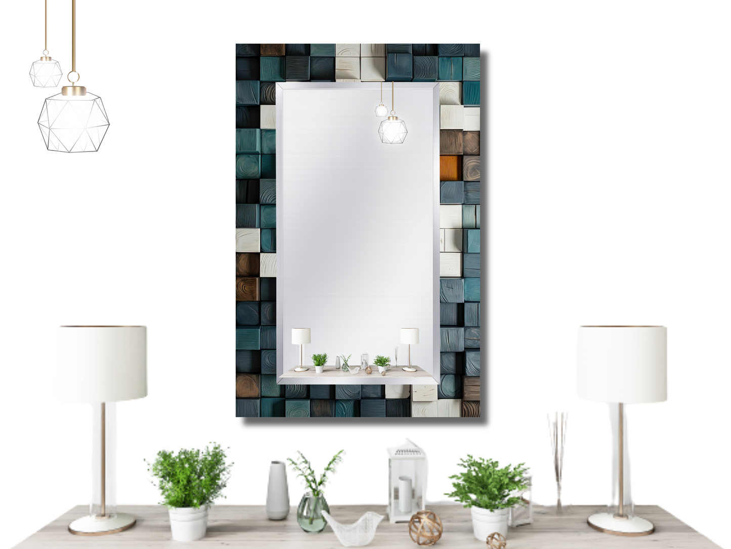 Desenli Ayna - Ahşap Görünümlü 3D Tasarım Ayna - Boy Aynası - Banyo Aynası