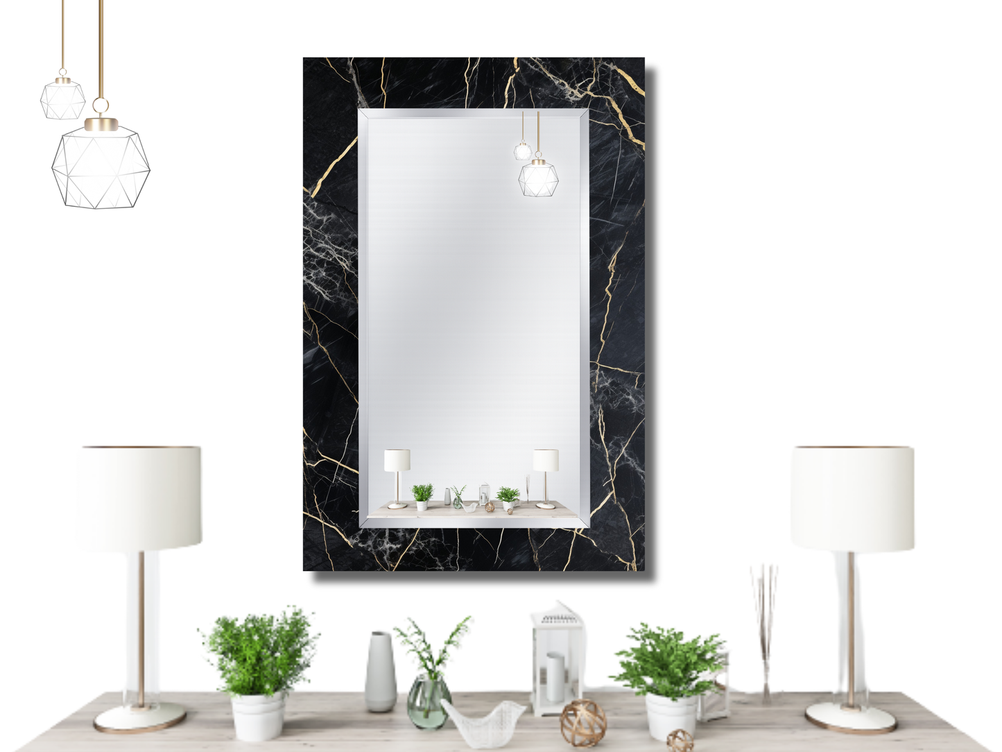 Siyah Mermer Desenli Ayna - Modern Tasarım Boy Aynası - Banyo Aynası - Makyaj Masası Aynası