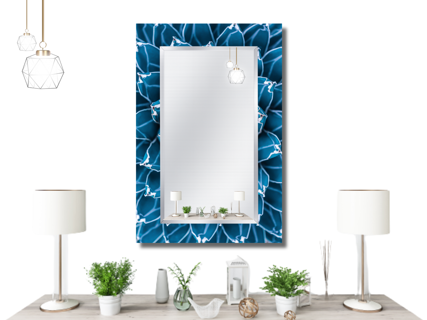 Mavi Kaktüs Desenli Ayna - Modern Tasarım Boy Aynası - Banyo Aynası - Yatak Odası Aynası