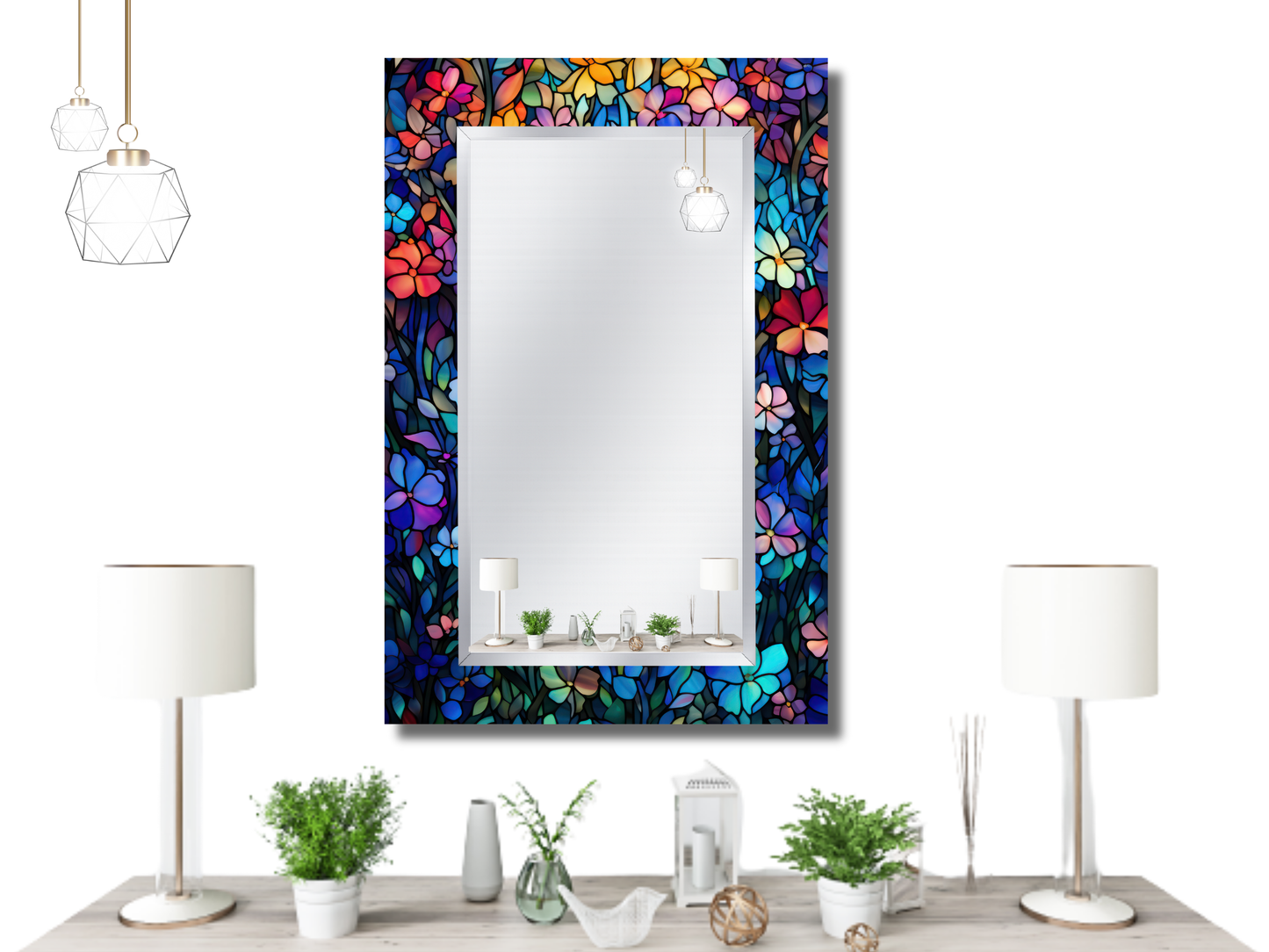 Çiçek Vitray Desenli Ayna - Modern Dekoratif Ayna - Boy Aynası - Banyo Aynası - Ev Duvar Dekorasyonu