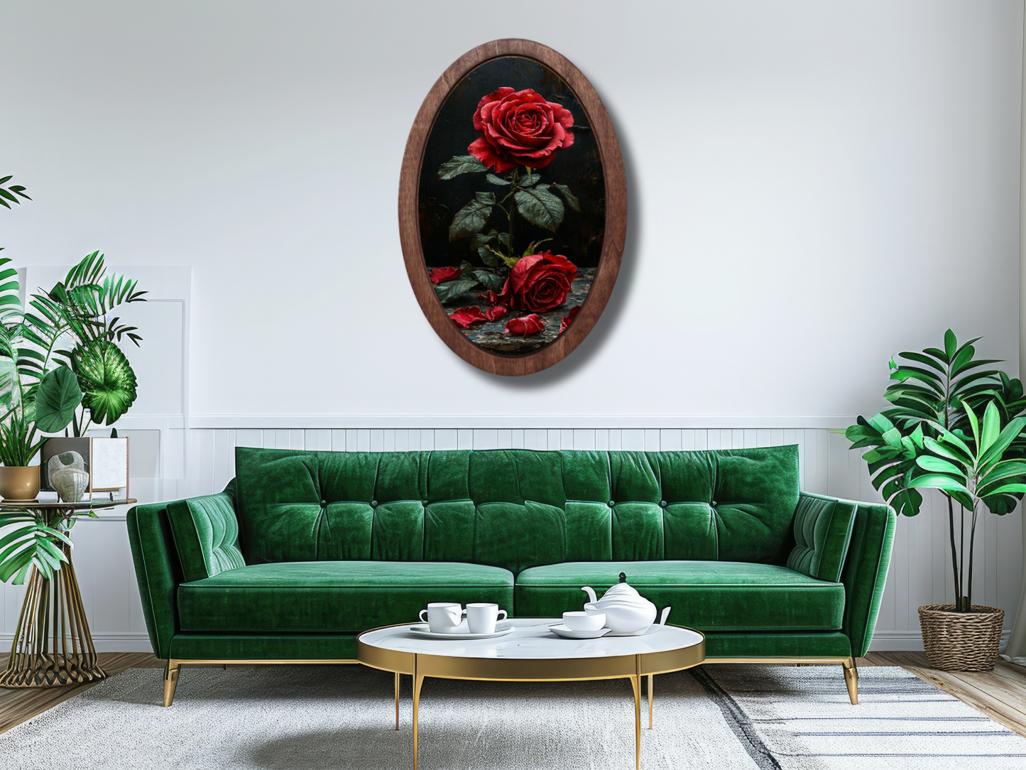 Vintage Kırmızı Gül Ahşap Tablo – Klasik Stil Oval Duvar Dekoru