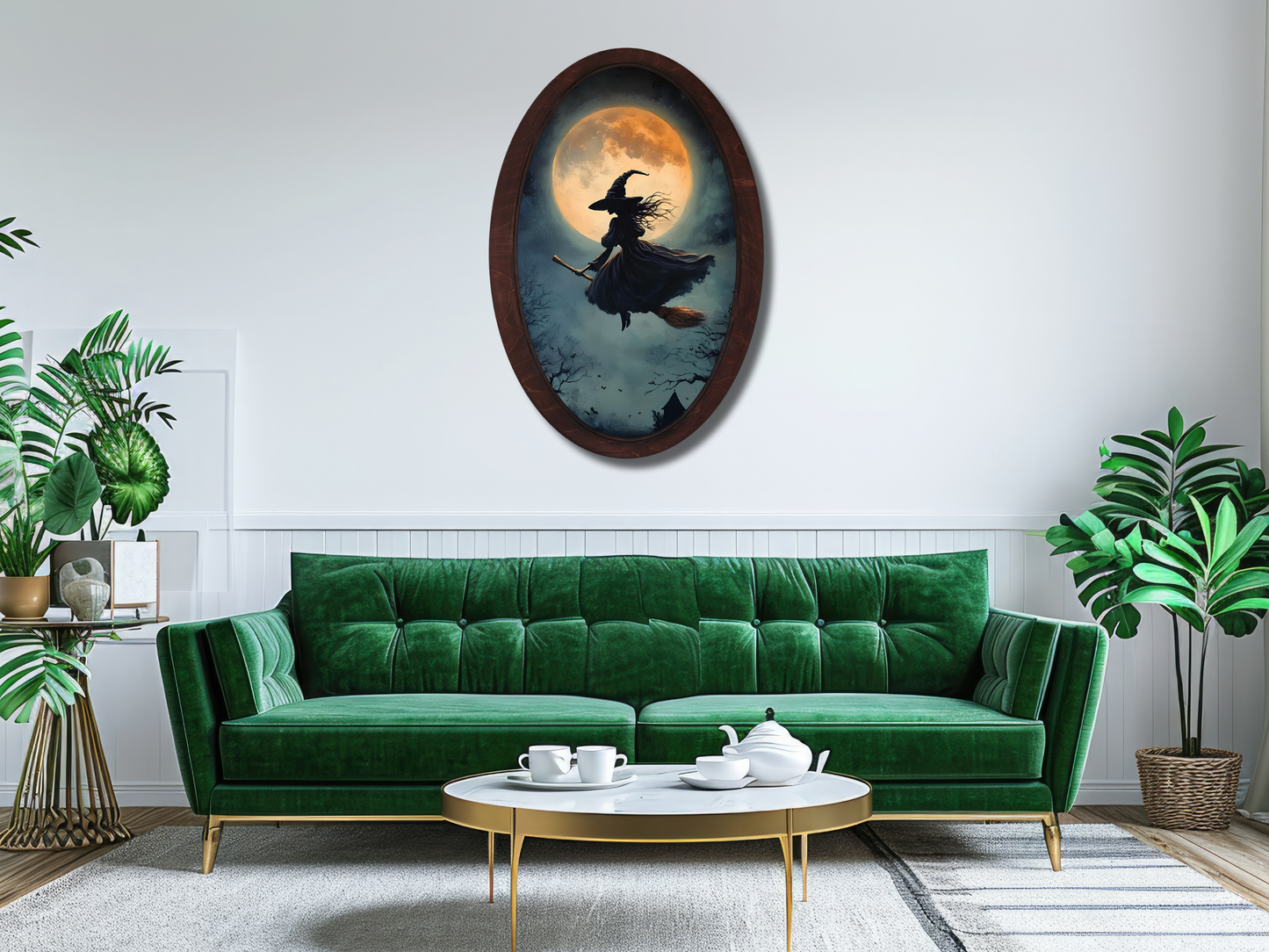 Dolunayda Uçan Cadı Figürü Ahşap Tablo  – Gotik Oval Duvar Dekoru - Dekoratif Duvar Tablosu