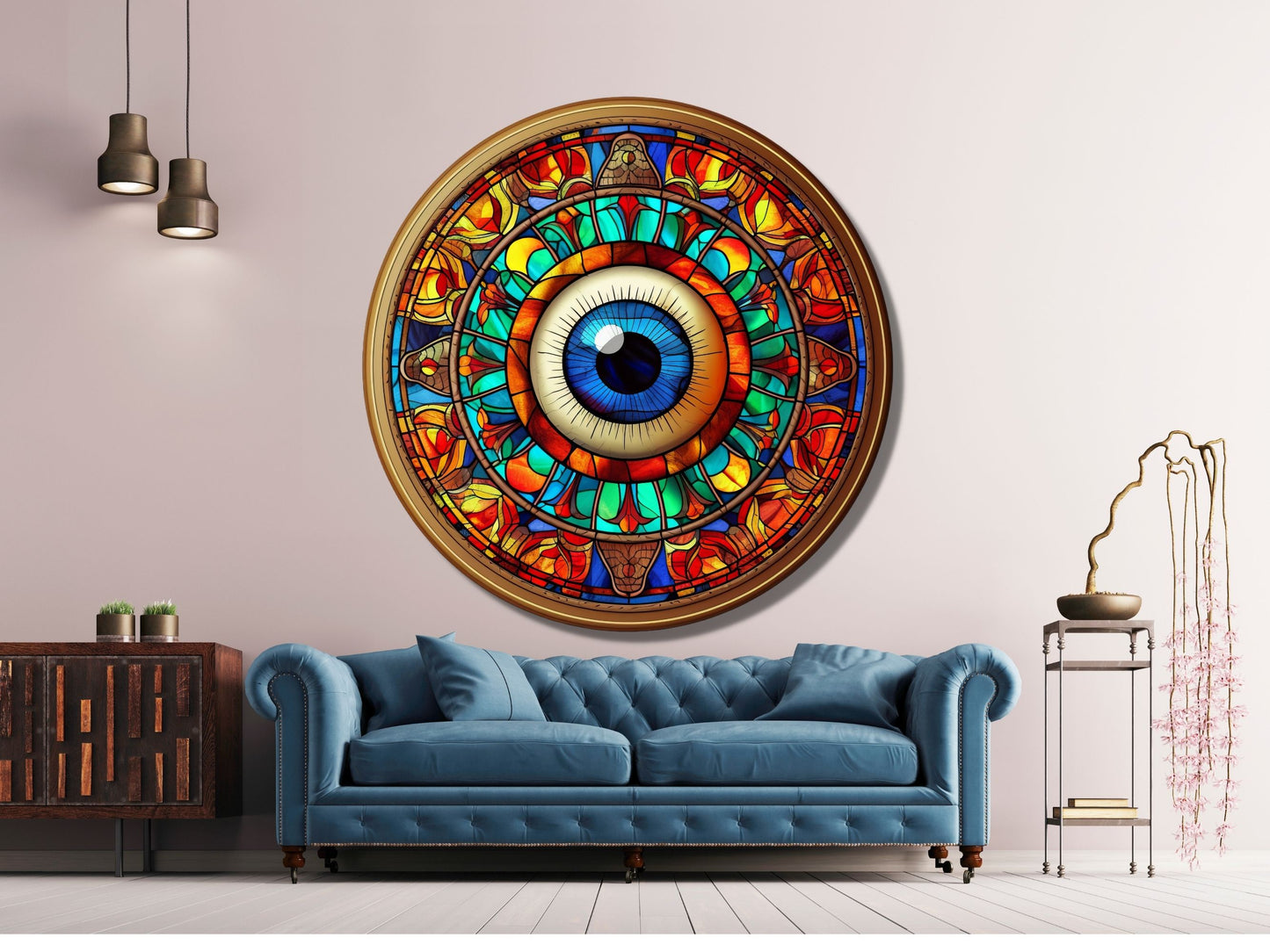 Göz ve Mandala Desenli Vitray Cam Tablo – Spiritüel Sanat - Yuvarlak Renkli Duvar Dekoru