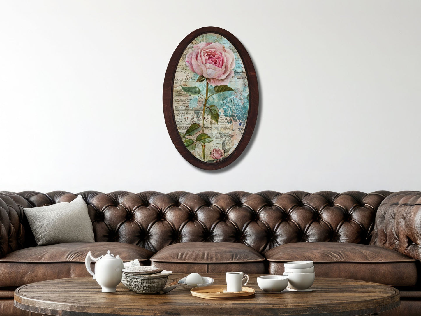 Retro Stil Çiçek Desenli Oval Ahşap Tablo – Klasik Oval Duvar Dekoru - Nostaljik Dekoratif Duvar Tablosu