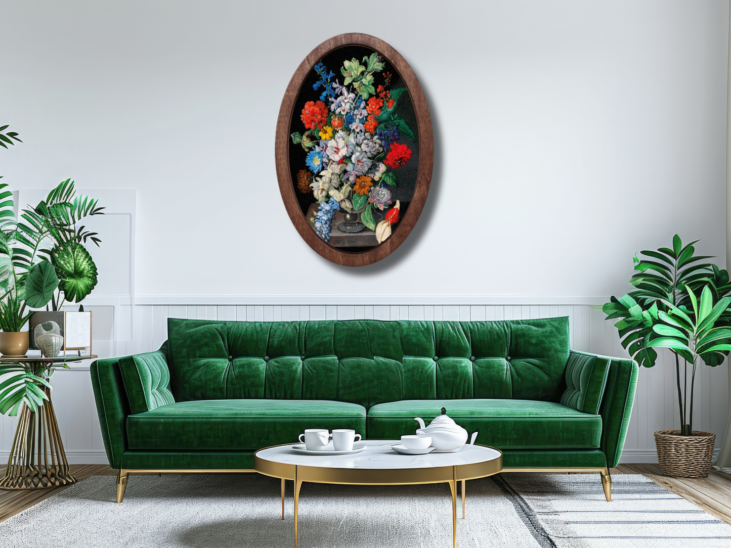 Vintage Stil Çiçek Ahşap Tablo – Klasik Oval Duvar Dekoru - Bohem Dekoratif Duvar Tablo