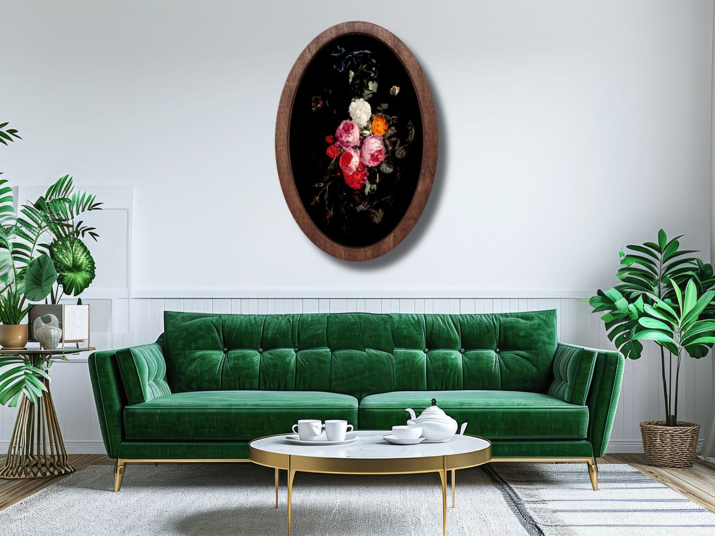 Vintage Çiçek Ahşap Tablo – Barok&Klasik Stil Oval Duvar Dekoru