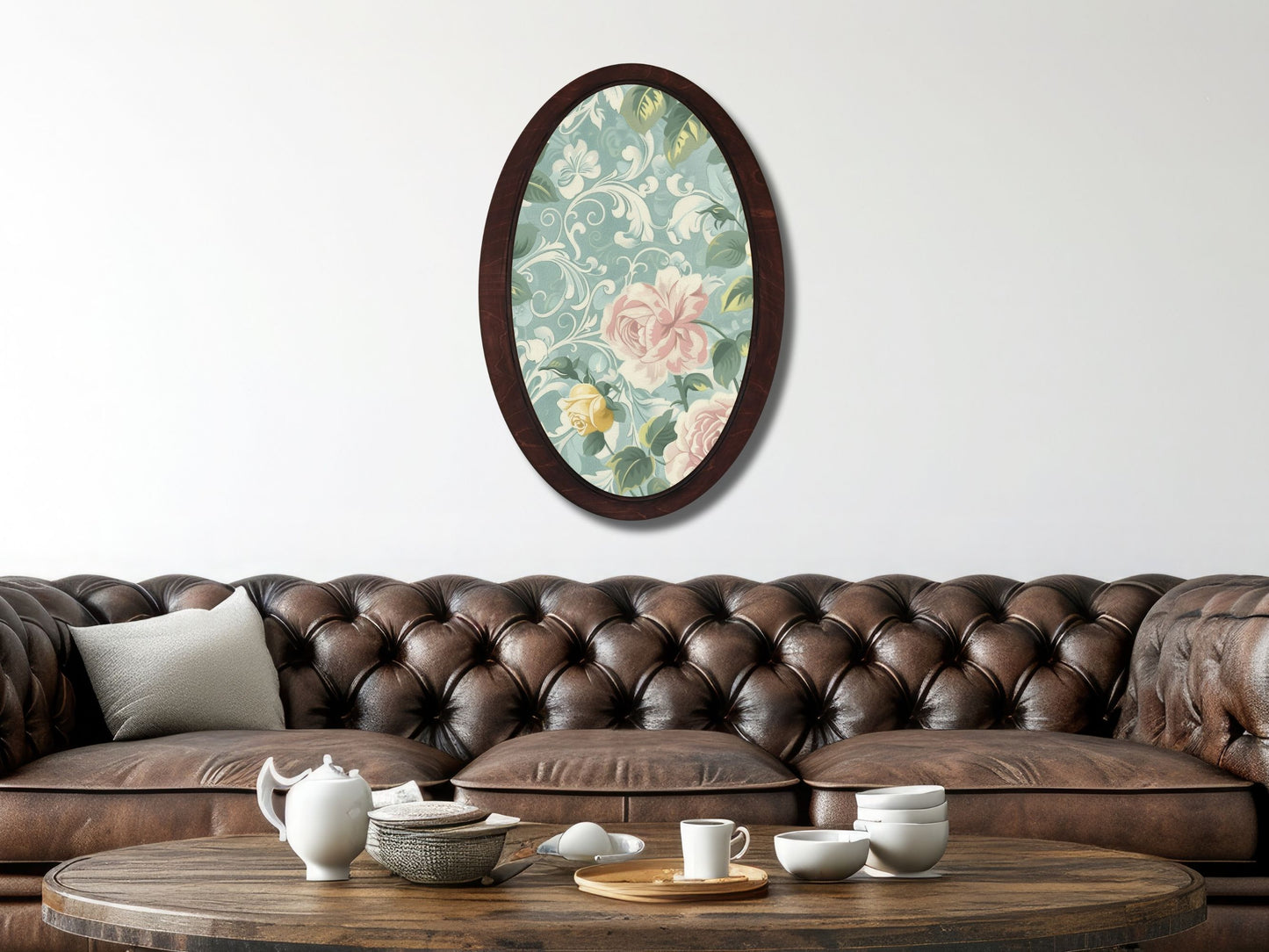 Retro Stil Dekoratif Oval Ahşap Tablo – Klasik Oval Duvar Dekoru - Çiçek Motifli Dekoratif Duvar Tablosu