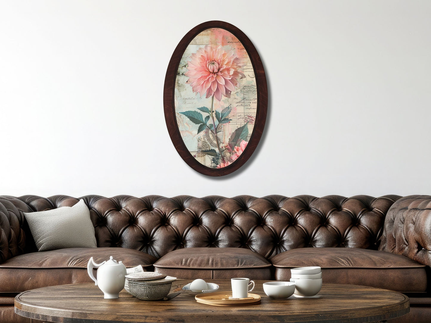 Retro Stil Çiçek Desenli Oval Ahşap Tablo – Klasik Oval Duvar Dekoru - Nostaljik Dekoratif Duvar Tablosu