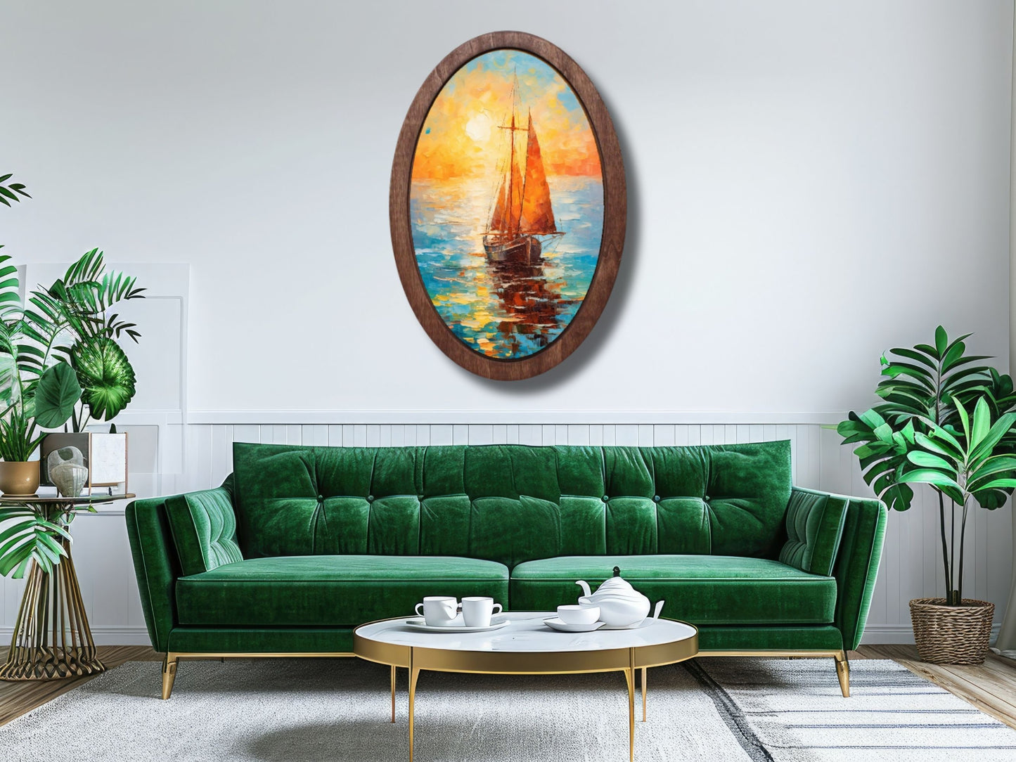 Gün Batımında Yelkenli Ahşap Tablo – Soyut & Deniz Temalı Modern Oval Duvar Dekoru