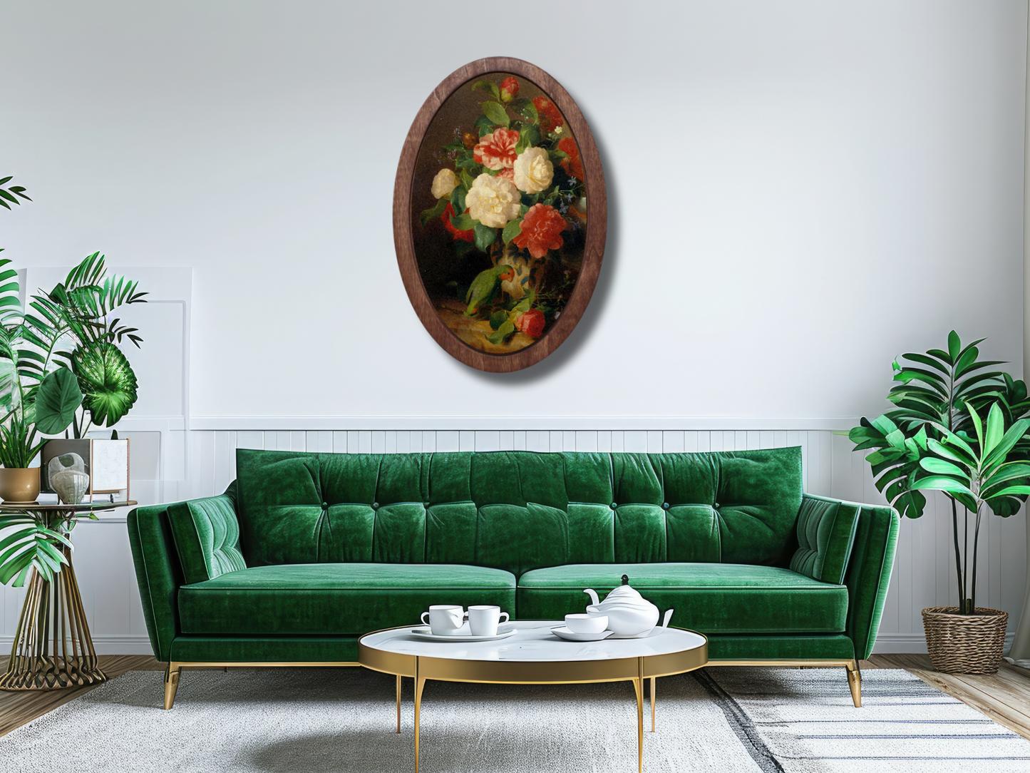 Vintage Çiçek Ahşap Tablo – Klasik Oval Duvar Dekoru - Dekoratif Duvar Tablosu