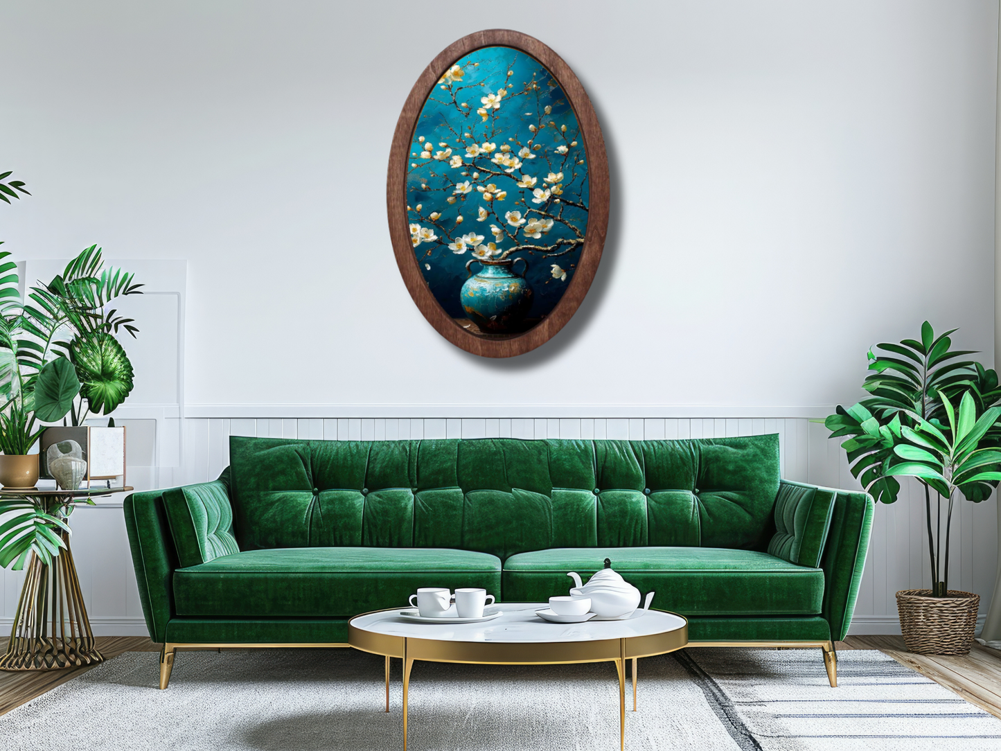 Beyaz Çiçekli Ahşap Tablo – Klasik Stil Oval Duvar Dekoru - Dekoratif Duvar Tablosu