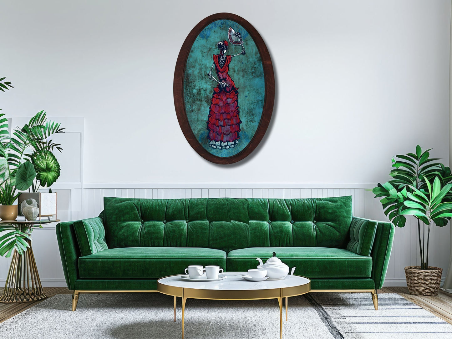 İskelet Kadın Gotik Stil Ahşap Tablo – Meksika Esintili Oval Duvar Dekoru - Vintage Ev Ofis Dekoru