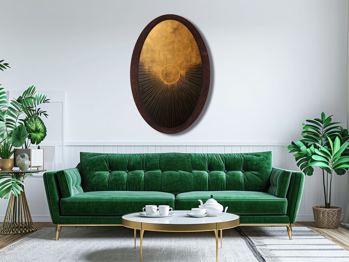 Altın Güneş Soyut Tasarım Oval Ahşap Tablo - Modern Spiritüel Duvar Dekoru
