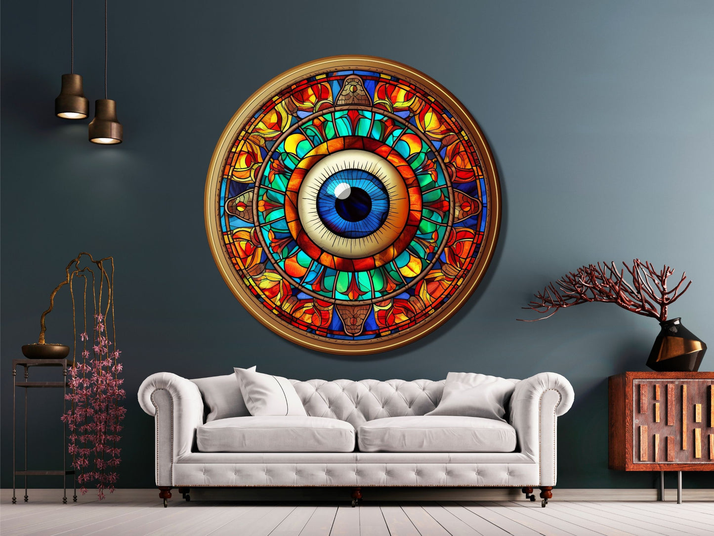 Göz ve Mandala Desenli Vitray Cam Tablo – Spiritüel Sanat - Yuvarlak Renkli Duvar Dekoru
