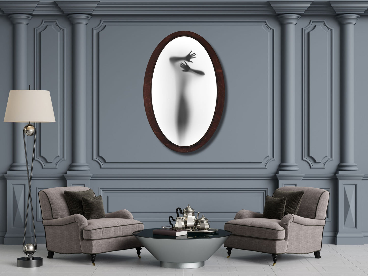 Soyut Silüet Temalı El Yapımı Oval Ahşap Tablo - Modern Gotik Duvar Dekoru