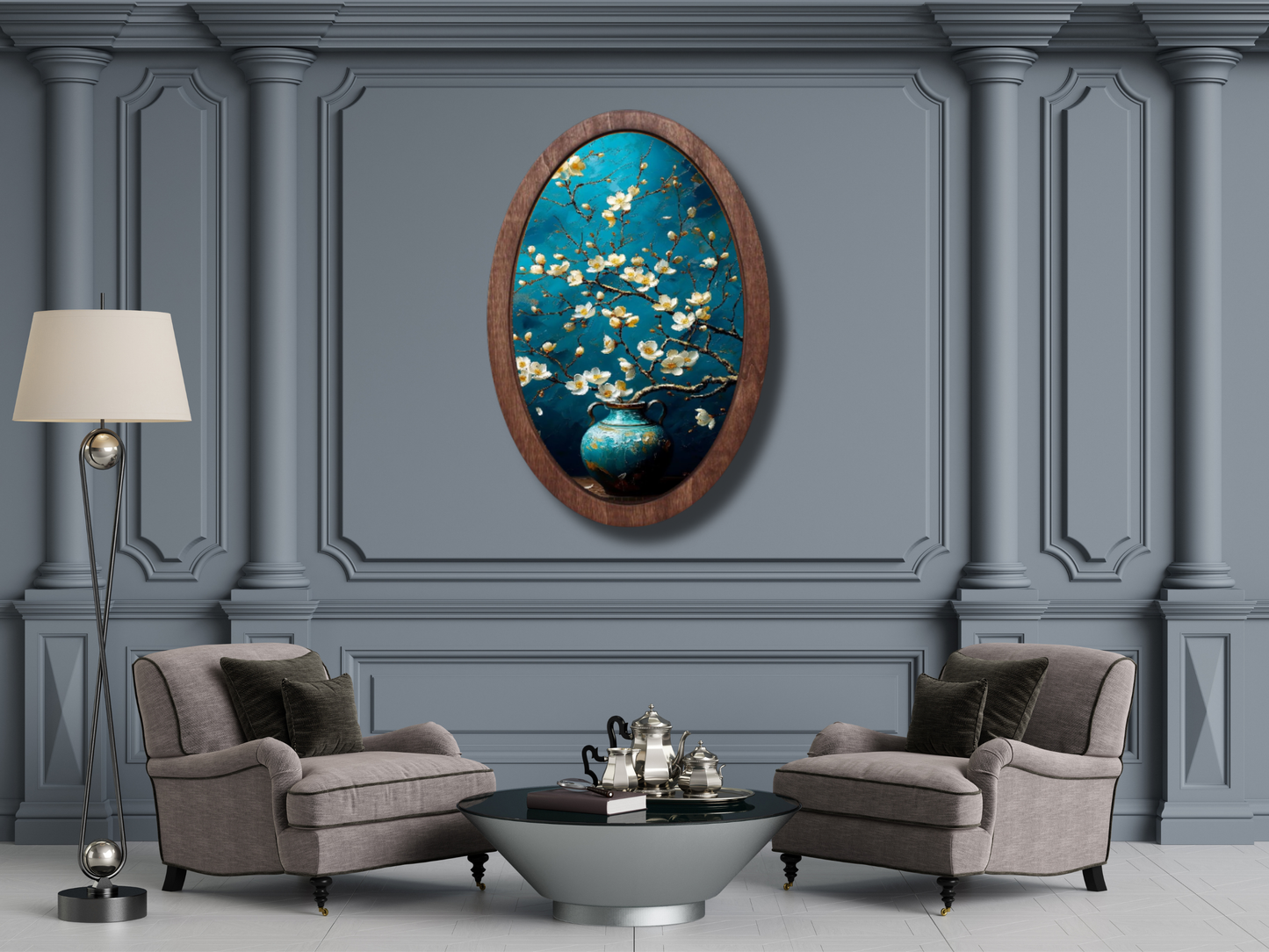 Beyaz Çiçekli Ahşap Tablo – Klasik Stil Oval Duvar Dekoru - Dekoratif Duvar Tablosu
