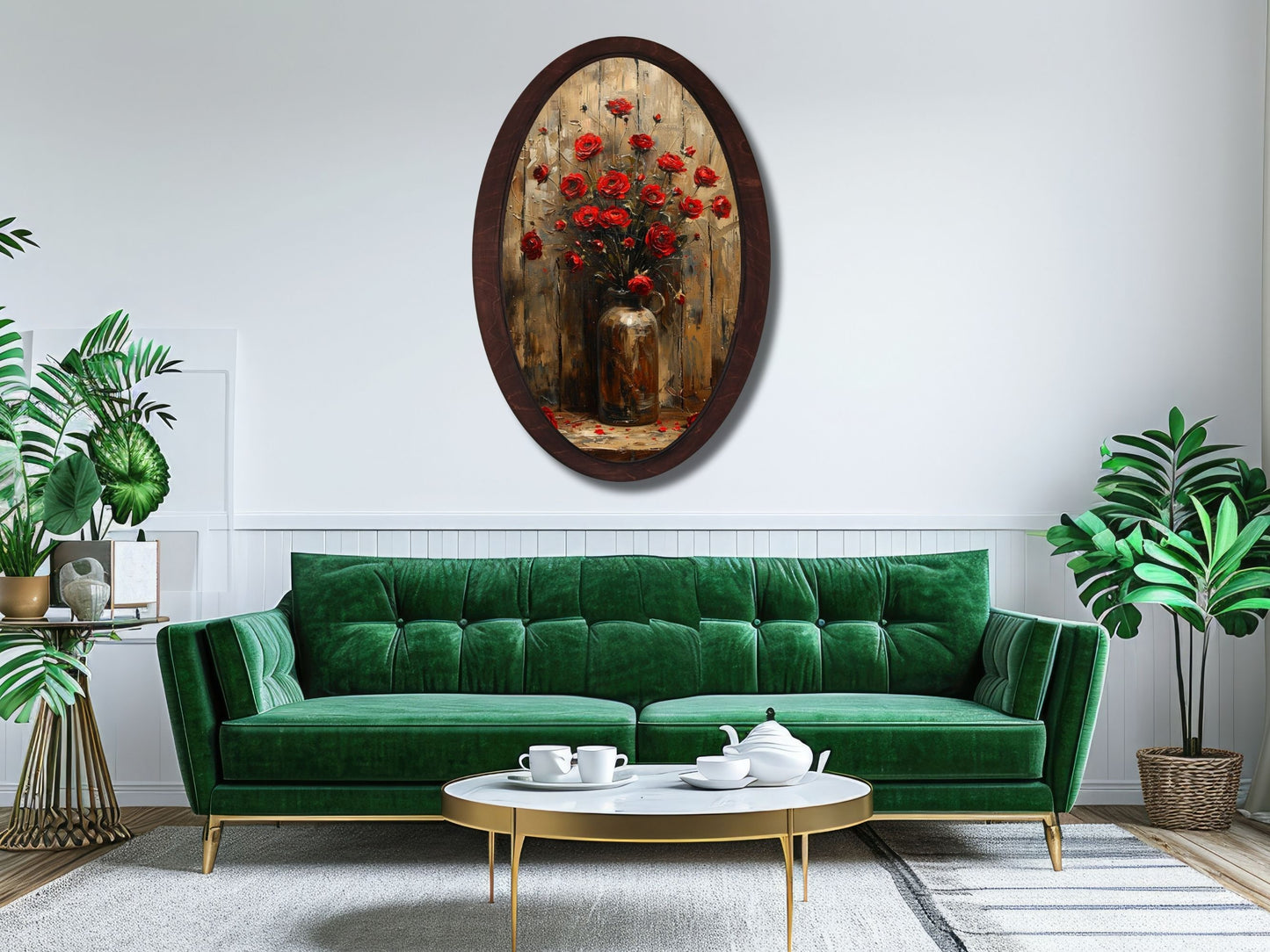Rustik Ahşap Gül Tablosu - Vintage Oval Duvar Tablosu - Ev Ofis Dekoru