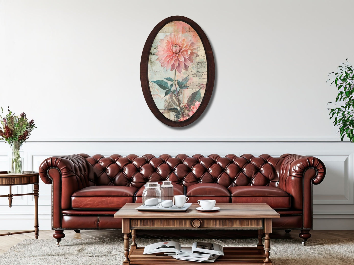 Retro Stil Çiçek Desenli Oval Ahşap Tablo – Klasik Oval Duvar Dekoru - Nostaljik Dekoratif Duvar Tablosu