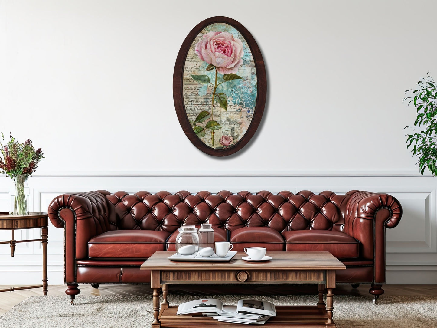 Retro Stil Çiçek Desenli Oval Ahşap Tablo – Klasik Oval Duvar Dekoru - Nostaljik Dekoratif Duvar Tablosu