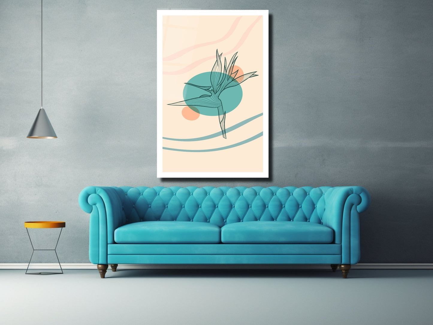 Minimalist Kuş Cenneti Çiçeği Cam Tablo – Çizgisel Botanik Duvar Dekoru – Pastel Renkli Modern Sanat