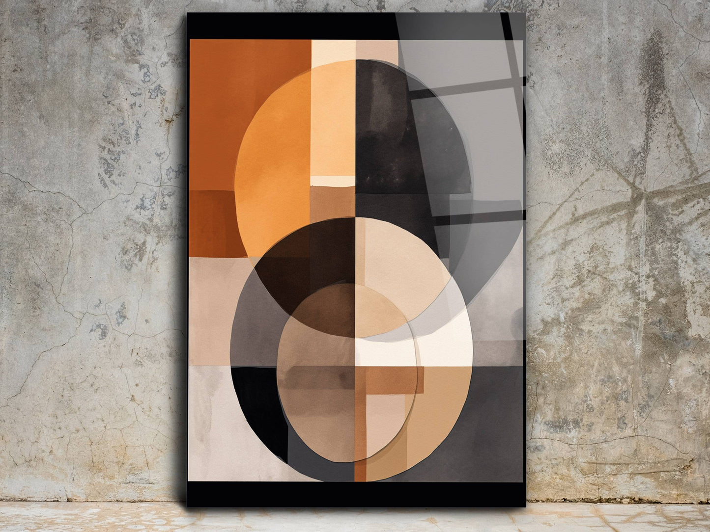 Kahve Tonlarında Soyut Cam Tablo – Geometrik Modern Duvar Tablosu