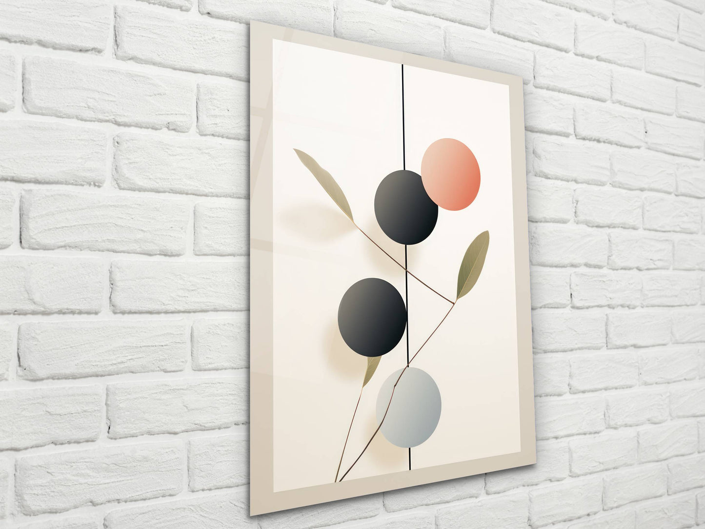 Minimalist Doğa Temalı Cam Tablo – Geometrik Bitki Desenli Duvar Dekoru