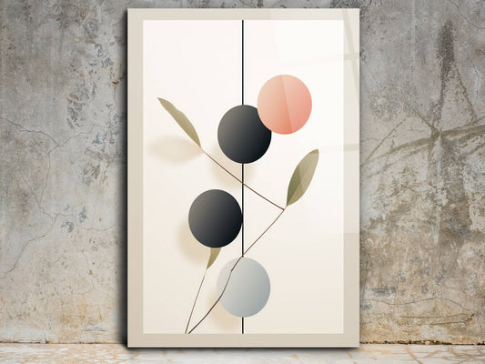 Minimalist Doğa Temalı Cam Tablo – Geometrik Bitki Desenli Duvar Dekoru
