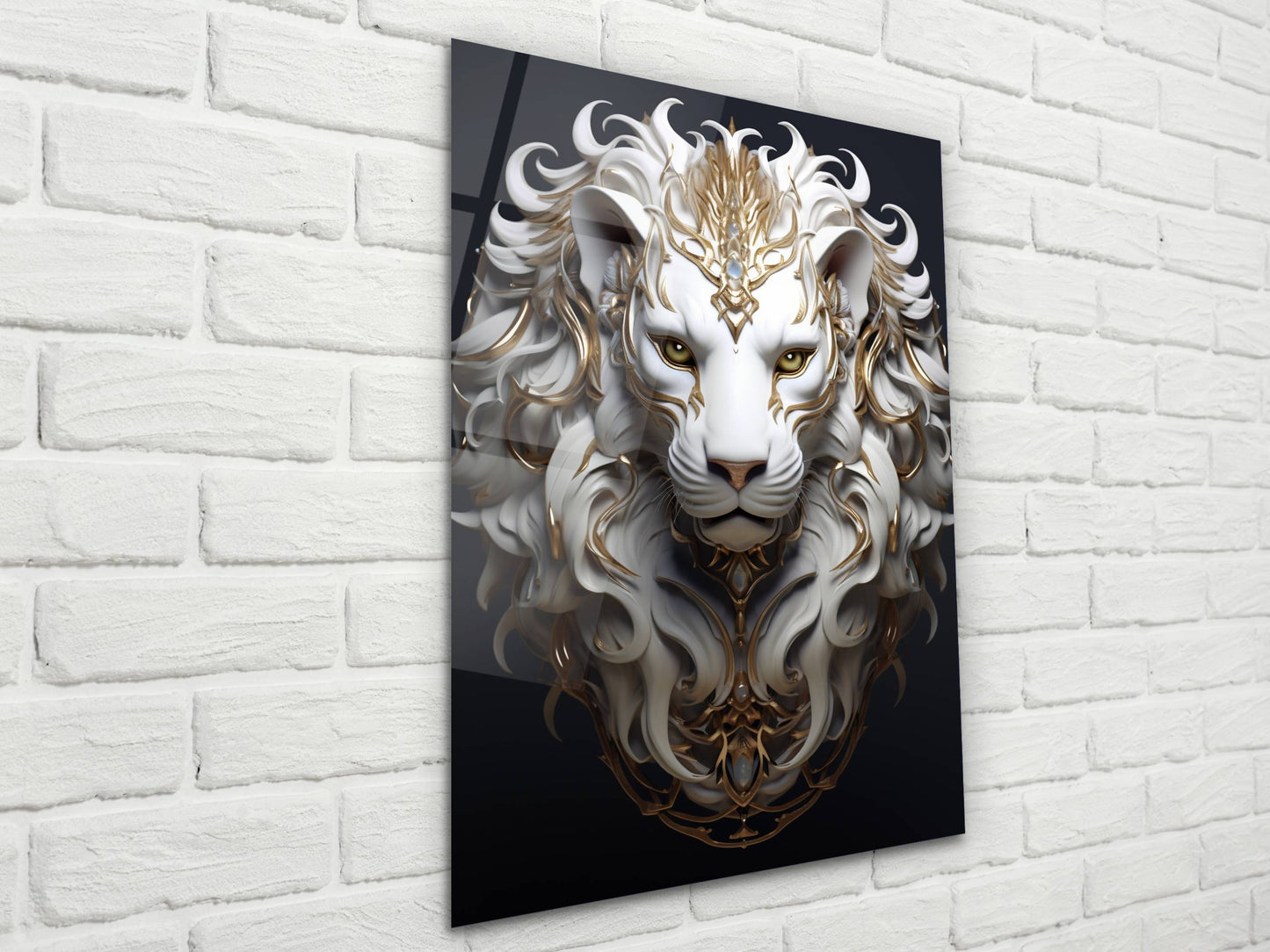 Gold Detaylı Beyaz Aslan Portresi – Fantastik Cam Tablo - Dekoratif Tablo