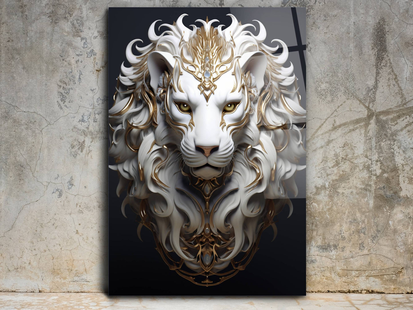 Gold Detaylı Beyaz Aslan Portresi – Fantastik Cam Tablo - Dekoratif Tablo
