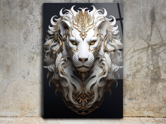 Gold Detaylı Beyaz Aslan Portresi – Fantastik Cam Tablo - Dekoratif Tablo
